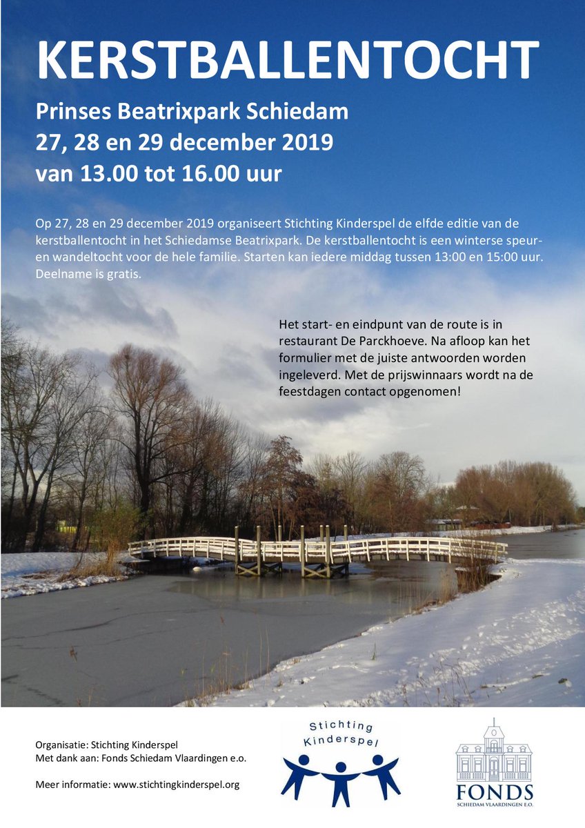 Vanmiddag, morgen en zondag is de elfde editie van de #kerstballentocht <a href="/beatrixpark010/">beatrixparkschiedam</a> #Schiedam. De kerstballentocht is een winterse wandel- en speurtocht door het Beatrixpark. Deelname is gratis. Start en finish vanaf restaurant De Parckhoeve.