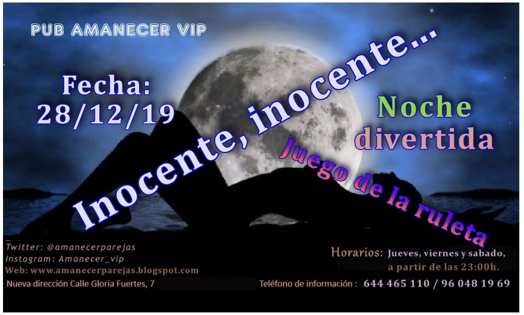 gentelibre_sw's tweet photo. Inocente, Inocente en AMANECER PAREJAS VIP
Sábado 28 de diciembre, a partir de las 23:00h

Más info en: https://t.co/Lw2f9A5jZ6

#AmanecerParejasVIP #AmanecerParejasValencia #SwingersValencia #PubSwinger #ClubLiberalValencia #FiestaSwingers #GenteLibreSW #santosinocentes https://t.co/ggKV0Ndj4Z