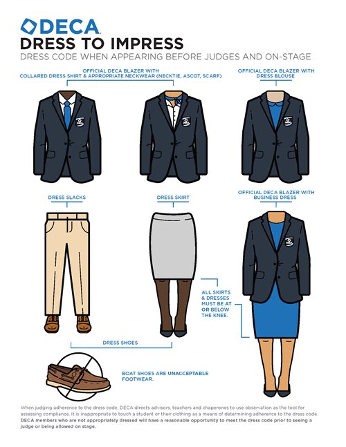 With District CDC right around the corner, please take in mind the dress code. Failure to meet it, will cause in points deducted from your event. Ask your chapter if you’re able to borrow a DECA blazer, but know you can also wear your own. Good luck and #HereWeGo 🔷