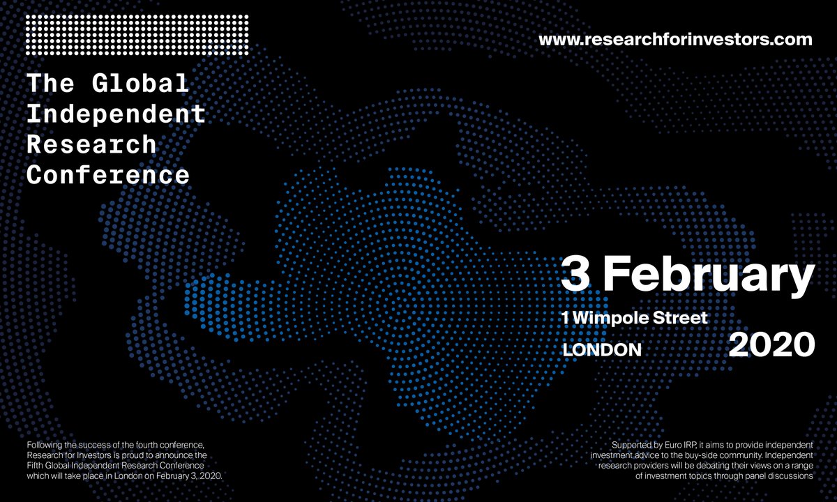 We are delighted to announce that The 5th Global Independent Research Conference will take place in London on 3 February 2020. For more information please visit researchforinvestors.com.

#irp #research #conference #investment #finance