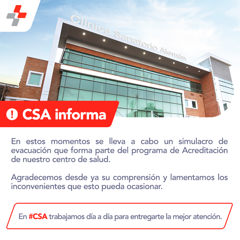 🔴 CSA Informa:

En estos momentos se lleva a cabo un simulacro de evacuación que forma parte del programa de Acreditación de nuestro centro de salud.

Agradecemos desde ya su comprensión y lamentamos los inconvenientes que esto pueda ocasionar.