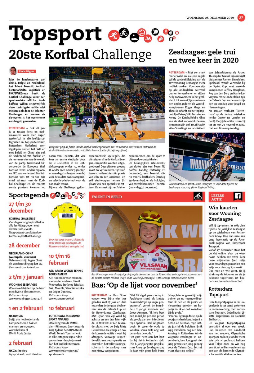 Deze week blikken we in de <a href="/Havenloods/">Havenloods</a> vooruit op de 20e editie van de Korfbal Challenge in <a href="/Topsportcentrum/">Topsportcentrum</a> Rotterdam en de Wooning <a href="/zesdaagse/">WielerZesdaagse Rotterdam</a> van Rotterdam in <a href="/rotterdamahoy/">Rotterdam Ahoy</a>. Verder interviewden we <a href="/BasOttevanger/">𝘉𝘢𝘴 𝘖𝘵𝘵𝘦𝘷𝘢𝘯𝘨𝘦𝘳</a>. Lees alle artikelen hier: bit.ly/39gueaJ