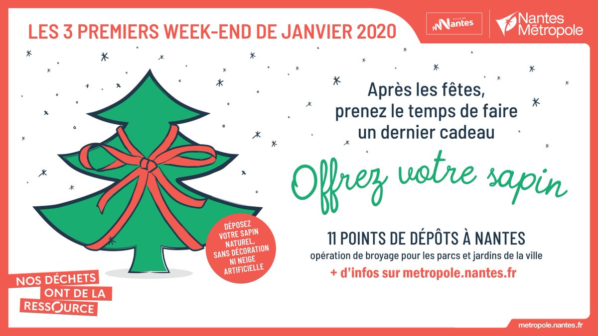 Pour offrir une belle fin de vie à votre sapin, recyclez-le ! Il servira à pailler les plantes des Jardins nantais. Par ici pour connaître les points de dépôt : 
metropole.nantes.fr/collectesapins