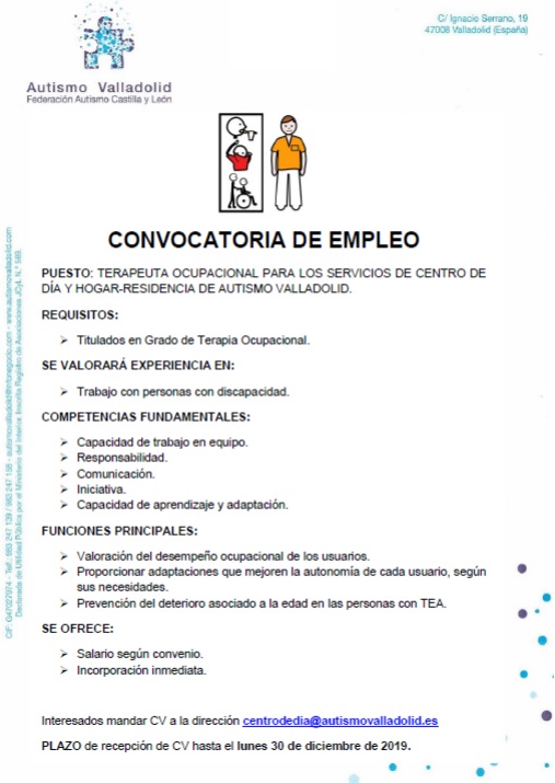 autismovalladol's tweet photo. ATENCIÓN: OFERTA DE EMPLEO‼️

Buscamos Terapeuta Ocupacional.
Recepción de CV en centrodedia@autismovalladolid.es hasta el lunes 30 de diciembre de 2019.

@Autismo_Espana @AutismoCyL @AyuntamientoVLL @ejovenva @empleojcyl https://t.co/7gioiLLDaq