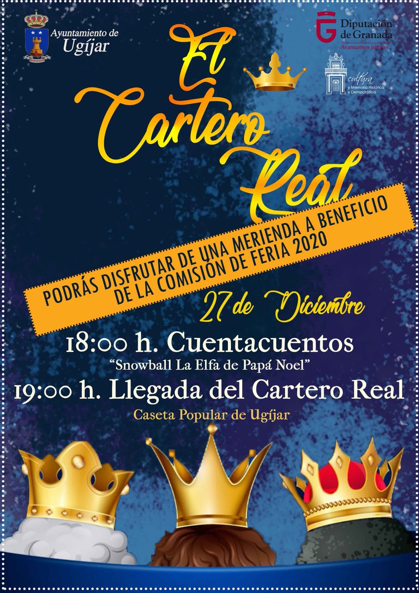 Ayto_Ugijar's tweet photo. ESTA TARDE a las 19h. llega a #Ugíjar el #CarteroReal para recoger vuestras cartas y entregárselas a Sus Majestades Los Reyes Magos de Oriente, y mientras esperamos,en la #CasetaPopular, desde las 18h. #Cuentacuentos de #Snowball. Además la #ComisiónDeFeria2020 ofrecerá merienda https://t.co/YamY9E0PcN