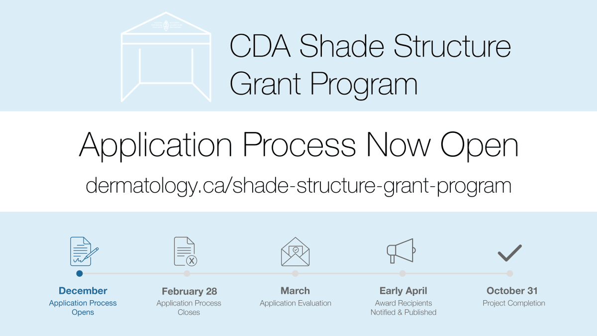 CdnDermatology's tweet photo. Providing shade is an important way to minimize sun exposure &amp; reduce skin cancer risk. The #CDAShadeStructureGrant is offering up to $18,000 to have permanent shade structures installed in public spaces. Application deadline is Feb. 28, 2020. Learn more. https://t.co/jsz6YYgiXL https://t.co/Os485ioSrV