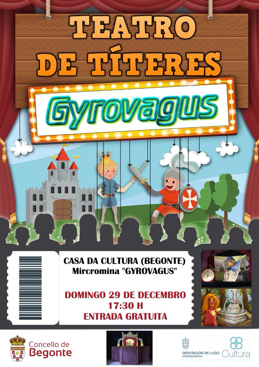 concellobegonte's tweet image. 🎭 TEATRO DE TÍTERES EN BEGONTE 🎟

Este domingo día 29 teremos actuación teatral de títeres para pequenos 👶 e maiores 👵🏻.

📅 Domingo 29 de Decembro.
📍 Casa da Cultura (Begonte)
⏰ 17:30 horas
🎭 Gyrovagus (Mircromina)
🎫 Entrada gratuita

Agardámosvos‼️