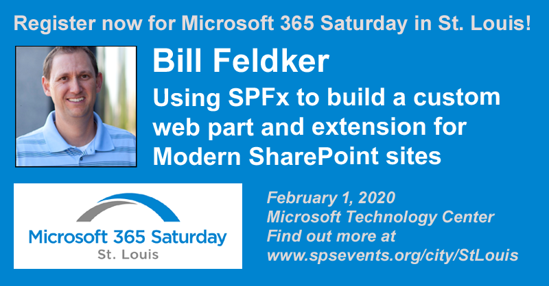techeventsstl's tweet photo. Sign up now to hear Bill Feldker present on #SPFx at #M365SatSTL on Feb. 1!  https://t.co/3W1yVCY811 #STL #Microsoft365 #Microsoft #Office365 @feldkerb https://t.co/CjiZVbGJfF