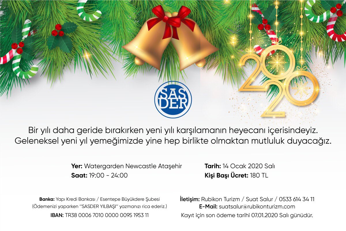 Bir yılı daha geride bırakırken yeni yılı karşılamanın heyecanı içerisindeyiz. 14 Ocak 2020 Salı günü geleneksel yeni yıl yemeğimizde sizlerle birlikte olmaktan mutluluk duyarız.

#sasder #yeniyıl #yeniyılyemeği #sağlıkyöneticileri #newyear #sasdergelenekselyeniyılyemeği