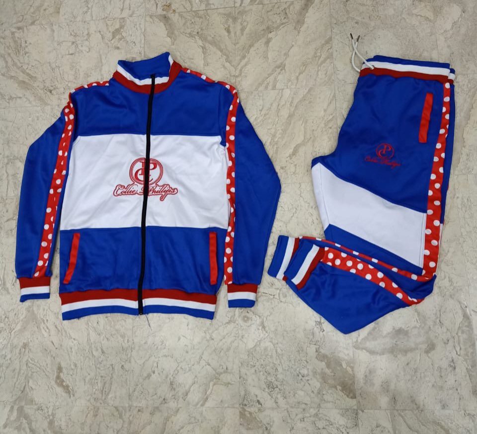 This what I’m bringing y’all #2020. Red, blue and white polyester tracksuit with the polka dot sides. 🔥