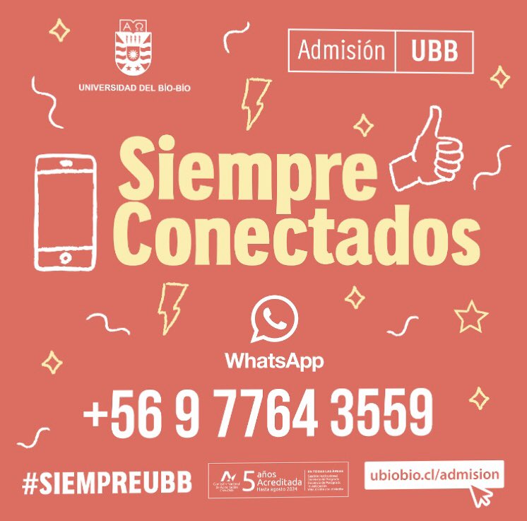 Recuerda que estamos atentos a todas tus consultas 😉✅ ¡Escríbenos! ¿En qué horario ⏰? de 16:00 🕓 a 23:00 🕚 horas (continuado) ¡Te esperamos!
.
.
#SiempreUBB #AdmisiónUBB2020 #UniversidadPública #UniversidadEstatal #AcreditadaTodasLasÁreas #RegiónDelBiobío #RegiónDeÑuble
