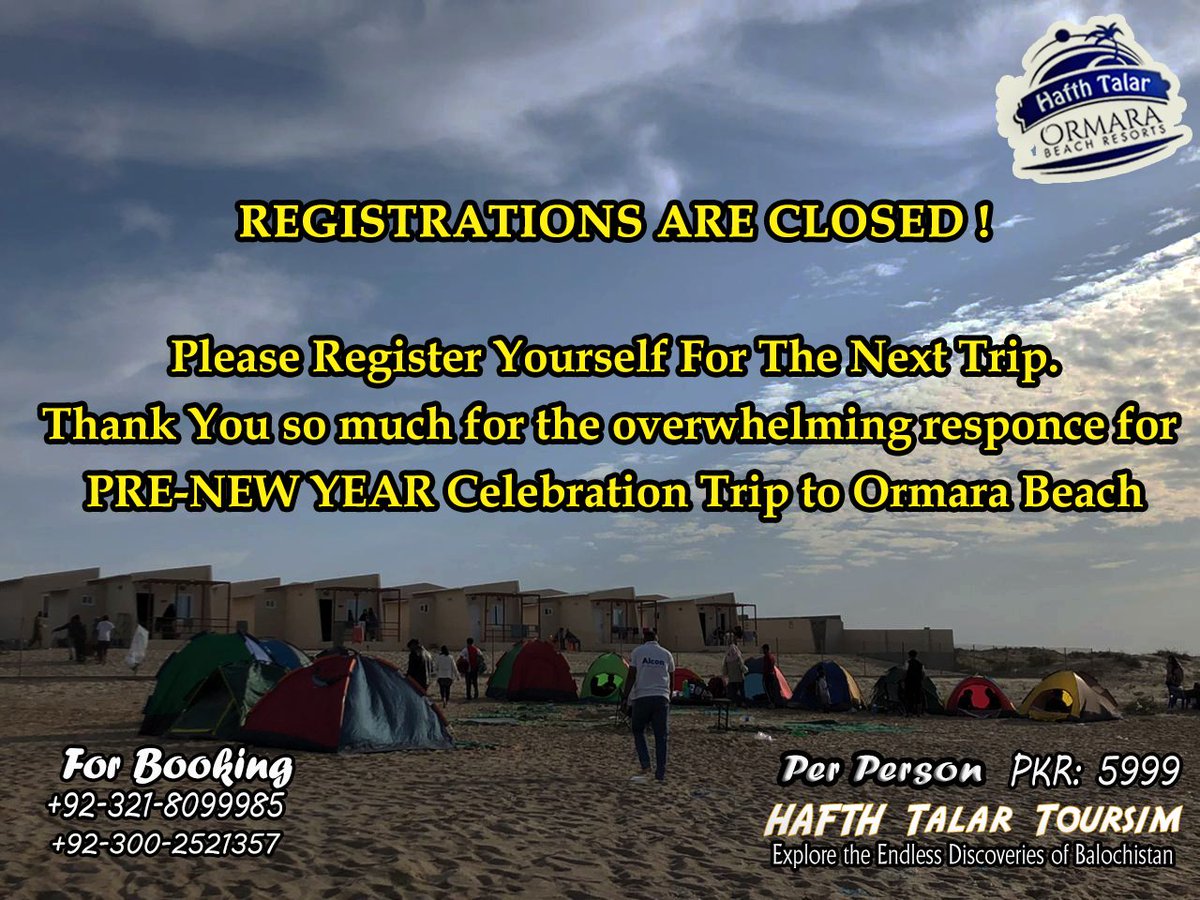 HafthB's tweet photo. *Registrations are Closed !*

*Please Register Yourself For The Next Trip.*

```Thank You so much for the overwhelming responce for```
*PRE-NEW YEAR Celebration Trip*
```to Ormara Beach```

#HafthTalarBeachResorts #HafthTalarTourism #HTT #HafthTalarBeachResortsOrmaraBalochistan https://t.co/345uqE1PMn