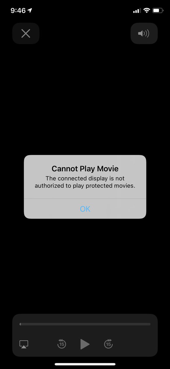 NZinza's tweet photo. @Apple so...I’m using an Apple iPad, Apple Lightning to Digital AV Adapter, attempting to watch a movie I purchased through Apple iTunes. Why is this happening? https://t.co/43UOuEkuri