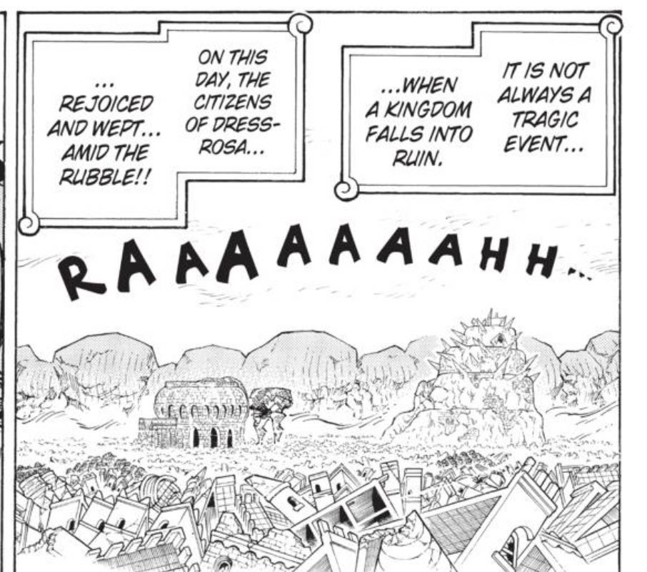 Chapter 792 - I feel like this is not only the point of the Dressrosa arc but a part of One Piece’s central thesis. So many of the structures in the setting only provide “order” as an opportunity to engage in cruelty, and the Straw Hats dismantle them one after another.  #OPGrant