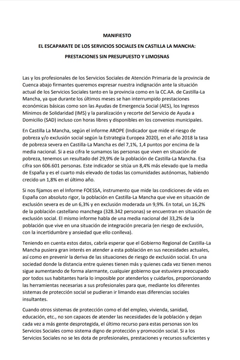 Gritaaaaaaa's tweet image. Manifiesto elaborado por profesionales de los Servicios Sociales de atención primaria en #Cuenca 
El escaparate de los Servicios Sociales en C-LM pretaciones SIN presupuesto y limosnas.