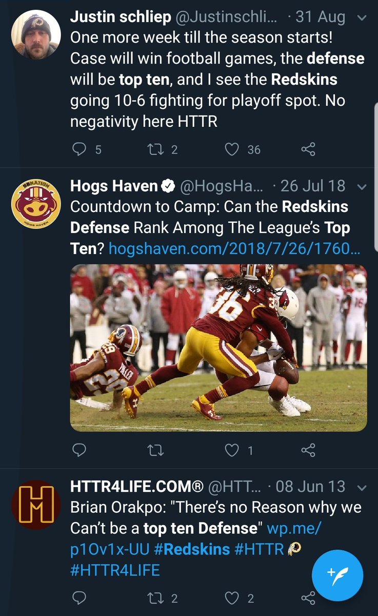 Gcarmi21's tweet photo. I remembered there was talk of the #Redskins defense being top-ten this year. So I did a search to see what went wrong.
Unfortunately, top-ten talk is simply an annual rite of passage in Washington. #FlightMarshals #DCGridlock https://t.co/Yn8arEnZfD