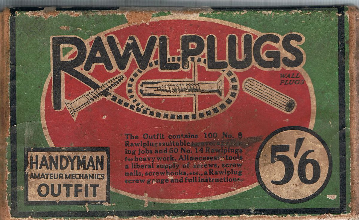 As the screw is driven in, the plug expands into the predrilled hole and creates a mechanical bond. The brand was registered in 1912 and the rest is history. Read more at the link below/7 https://www.rawlplug.com/en/sustainable/rawlplug-brand/our-story#42