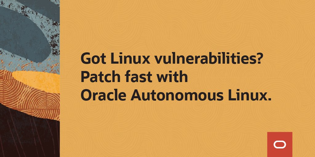 OracleCloud's tweet image. Bugs happen fast. You need to patch vulnerabilities, even the ones you don’t know exist. Learn how #OracleAutonomousLinux protects your infrastructure. oracl.info/wmHv50xICKt