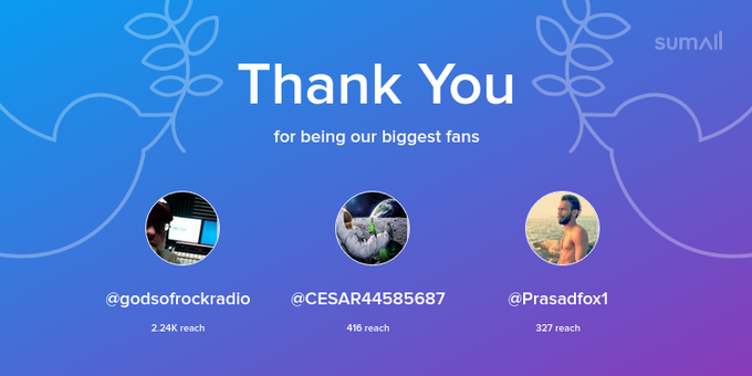 Our biggest fans this week: godsofrockradio, CESAR44585687, Prasadfox1. Thank you! via https://t.co/Ic1sEYJmO8