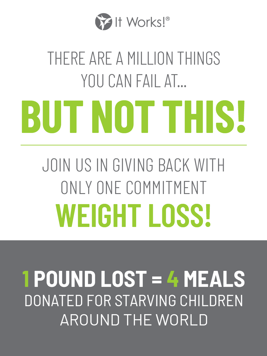 ItWorksGlobal's tweet photo. Join the give back movement with only one commitment—weight loss! Between December 27 – January 31, every pound lost is a dollar donated to feed 4 meals to children in need around the world. #LoseIT 

https://t.co/UPWyzUjoSb https://t.co/DqkotlcSNQ