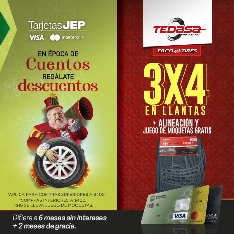 CooperativaJEP's tweet photo. ¿Buscas seguridad en tu viaje? 
🚗 En #Tedasa paga con #TarjetasJEP y recibe 3x4 en llantas + alineación y juego de moquetas gratis. 
✅ Promoción válida hasta el 31 de diciembre 2019. *Aplican restricciones. https://t.co/EArjRqSwPS
