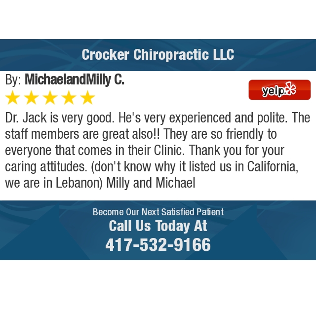 Crocker_Chiro's tweet photo. 5 Star: MichaelandMilly C. "Dr. Jack is very good. He's very experienced and polite. The staff members are great..." https://t.co/boW1msr3T9 https://t.co/22jj26yVBH