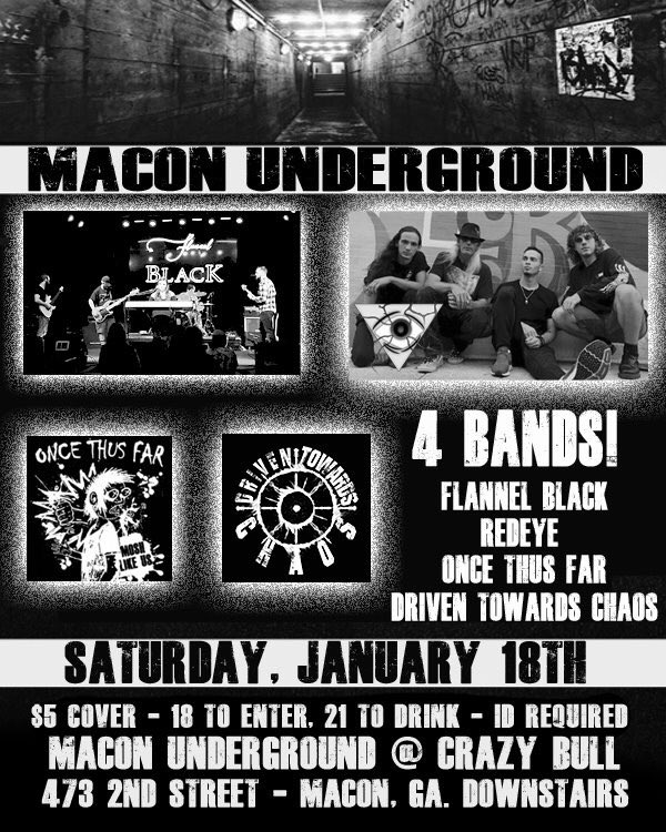 Macon Underground is located downstairs at the Crazy Bull. 473 2nd St. Macon, Ga. Come join us on 18th @ 9:00pm and support your local music scene.