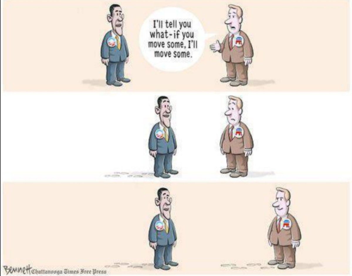 Dem on left. GOP on right. GOP says to Dem, "I'll tell you what - if you move some, I'll move some." Dem takes a step to the right. GOP takes a step to the right. Now Dem is in the middle, and GOP is far right.