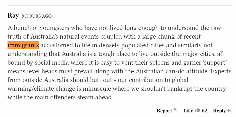 The second-most liked comment on the editorial blames immigrants for accepting climate science?? Every single one of the top most-liked comments re-hash denialist tropes. The Oz is reassuring itself here. It's a massive self-help therapy session, squeezing its eyes shut.