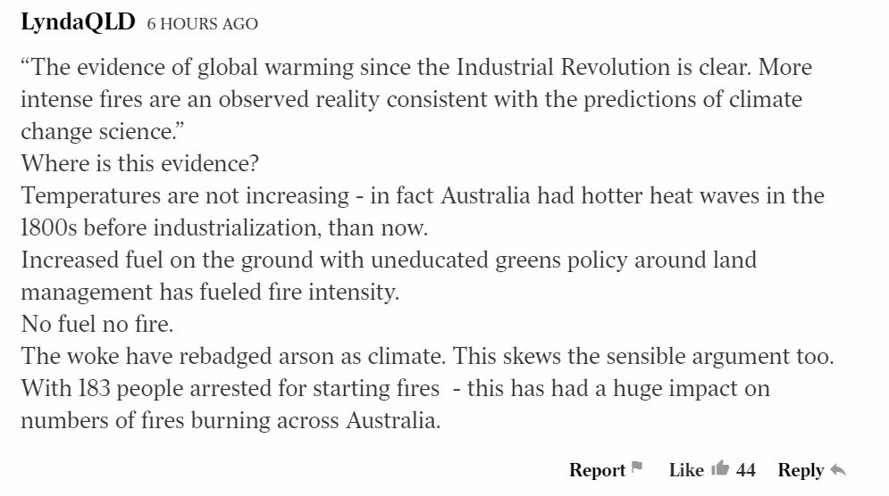 The second-most liked comment on the editorial blames immigrants for accepting climate science?? Every single one of the top most-liked comments re-hash denialist tropes. The Oz is reassuring itself here. It's a massive self-help therapy session, squeezing its eyes shut.