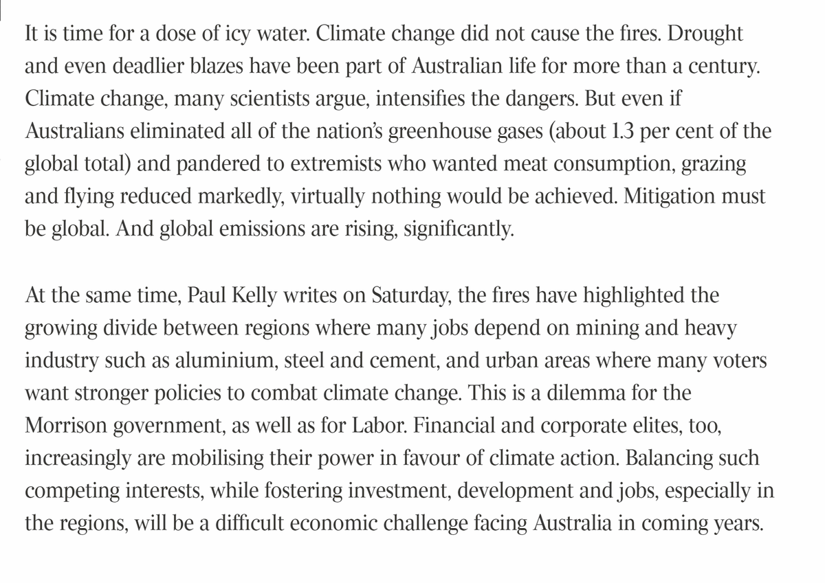 It's not just broad denial. They **explicitly** deny that climate change played a role in Australia's current firestorm. How do we know? AN EDITORIAL ENTITLED "CLIMATE CHANGE DID NOT CAUSE THIS WEEK'S FIRESTORM" ...which says "CLIMATE CHANGE DID NOT CAUSE THESE FIRES"