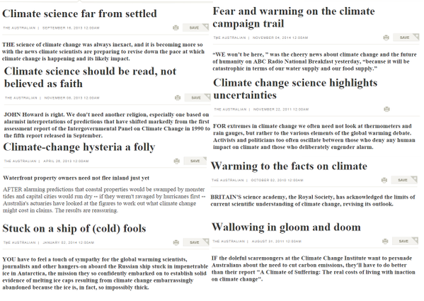 There is no physical way I could give you a good representation of the history of climate change denial in this media outlet. The quantity is just way too big. Here's a tiny, tiny, tiny, tiny, tiny slice (the first picture is previous **editorials**)