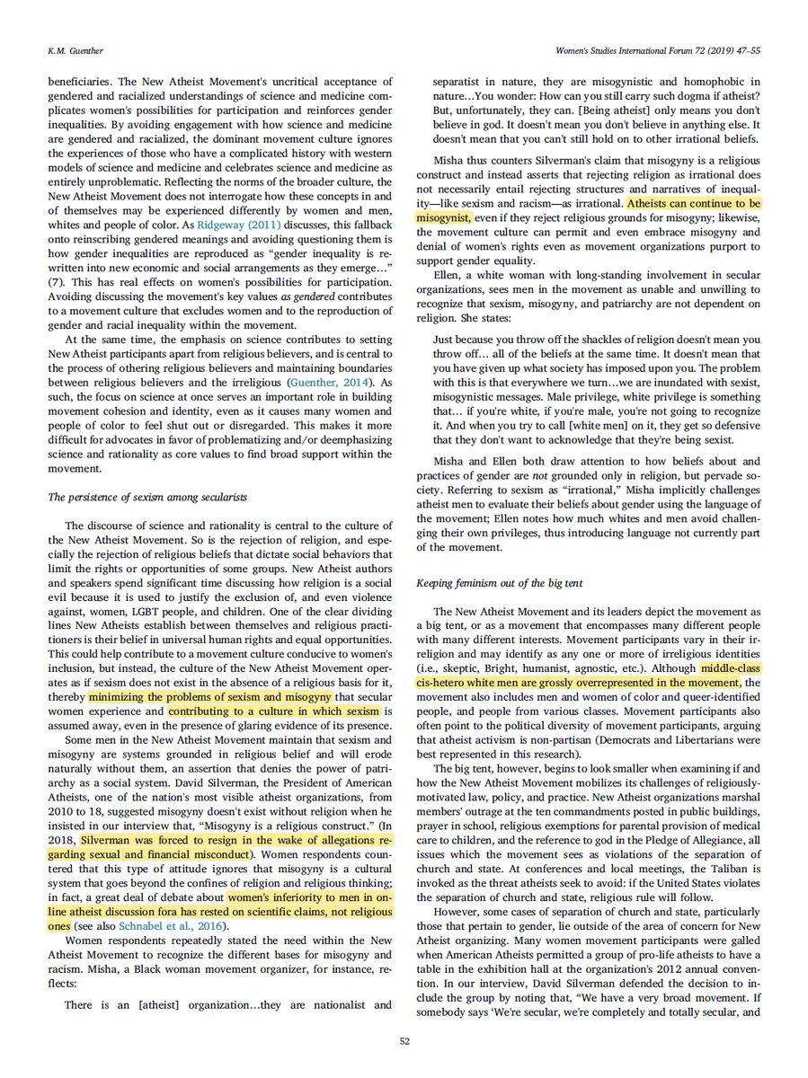 Sexual harassment is a huge epidemic in atheist movements. Many atheist leaders like Richard Dawkins even mock women for being sexually harassed and tell them it's normal.Women are not safe at atheist events and face unwanted sexual harassment. https://www.sciencedirect.com/science/article/abs/pii/S0277539518303443