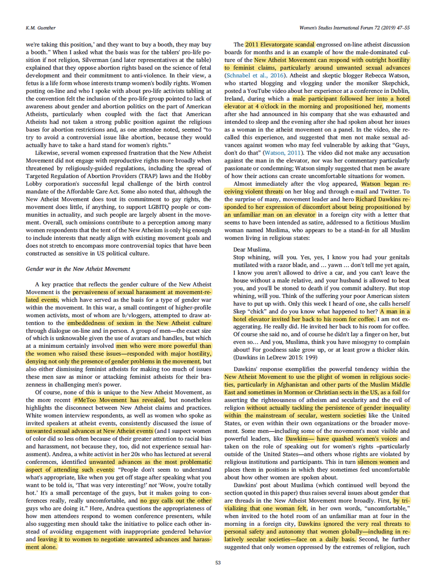 Sexual harassment is a huge epidemic in atheist movements. Many atheist leaders like Richard Dawkins even mock women for being sexually harassed and tell them it's normal.Women are not safe at atheist events and face unwanted sexual harassment. https://www.sciencedirect.com/science/article/abs/pii/S0277539518303443