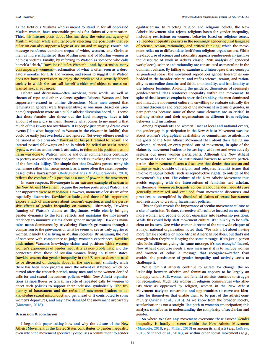 Sexual harassment is a huge epidemic in atheist movements. Many atheist leaders like Richard Dawkins even mock women for being sexually harassed and tell them it's normal.Women are not safe at atheist events and face unwanted sexual harassment. https://www.sciencedirect.com/science/article/abs/pii/S0277539518303443