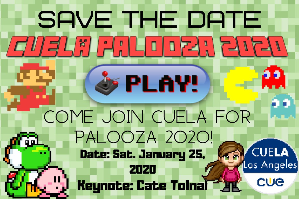 cuelosangeles's tweet photo. #Palooza2020 is only TWO weeks away &amp; we still got some room for more players who want to #LevelUp! Don't miss out on some great sessions on AR/VR, digital tools, SEL, &amp; more - &amp; our great keynote @CateTolnai! Register NOW before it's #GameOver: https://t.co/vHJblUAXEQ #cuela https://t.co/tobBArO2xS