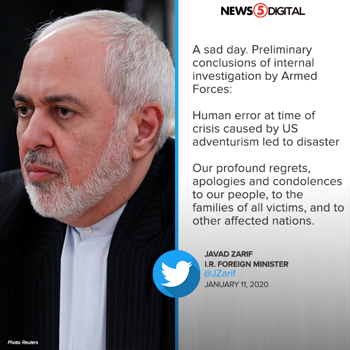 News5PH's tweet photo. Pahayag ni Iran Foreign Minister Javad Zarif matapos aminin ng Iran na aksidente nitong napabagsak ang isang Ukranian plane. https://t.co/tXh3AOjMwx