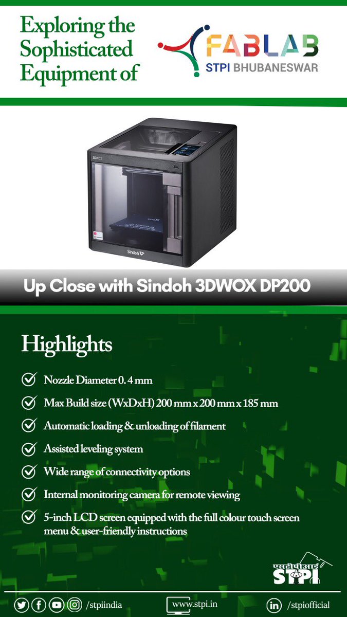 stpiindia's tweet image. #Sindoh3DWOXDP200, a smart #3DPrinter, at #STPIFabLab provides the most clutter-free environment for prototyping of products with extreme precision and the advantages of auto finishing & cleaning. Hers’s a bird’s eye view of this printer. #STPIINDIA @FabFndn @GoI_MeitY