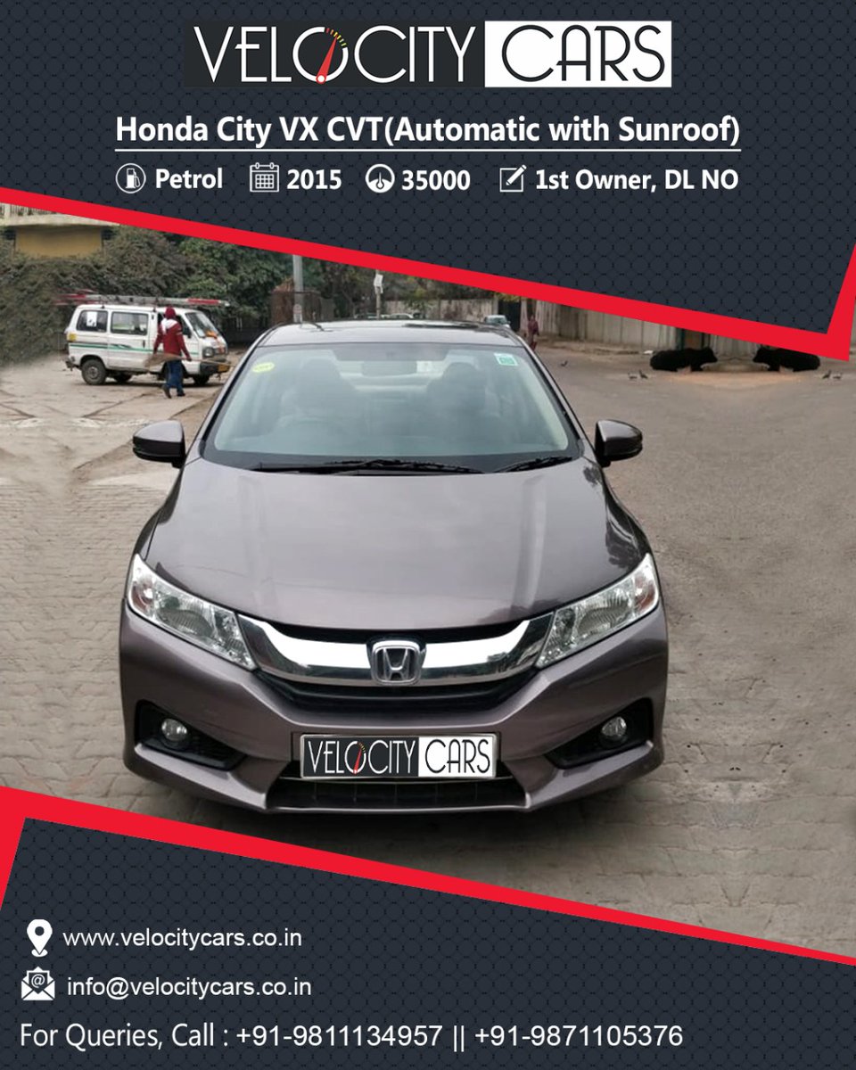 VelocityCars9's tweet photo. 2015 Honda City VX CVT(AT) with Sun Roof

Details:-
⛽Fuel Type: Petrol
🚘KM Done: 35000
👨‍💼Owner Sr No: 1st Owner, DL NO

☎@9811134957
☎@9871105376

#cars #sales #carsale #salemycaronline #carinsurance #carrenewal #insurance #delhi #noida #gurgaon #ghaziabad https://t.co/3sXyCvAlhM