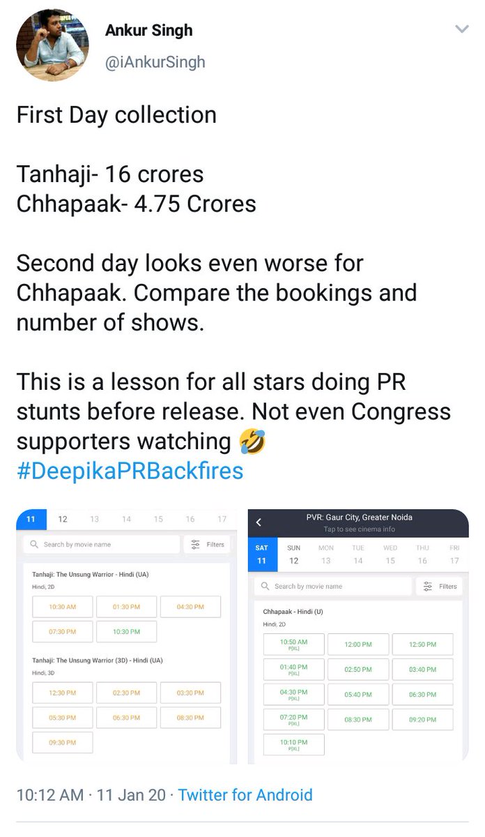 VeeryaSorry's tweet image. A famous movie ANALyst
said #Chhapak is a failure while comparing it with #Tanhaji. 

Chhapak budget = 35 cr
Tanhaji budget = 150 cr

Day 1 collection:
Chhapak = 4.75 cr
Tanhaji = 16 cr

Ratio:
#Chhapak = 13%
#Tanhaji = 10%

Go figure. 😂

#MathlLessITCell
#ChhapakDekhoTapaakSe