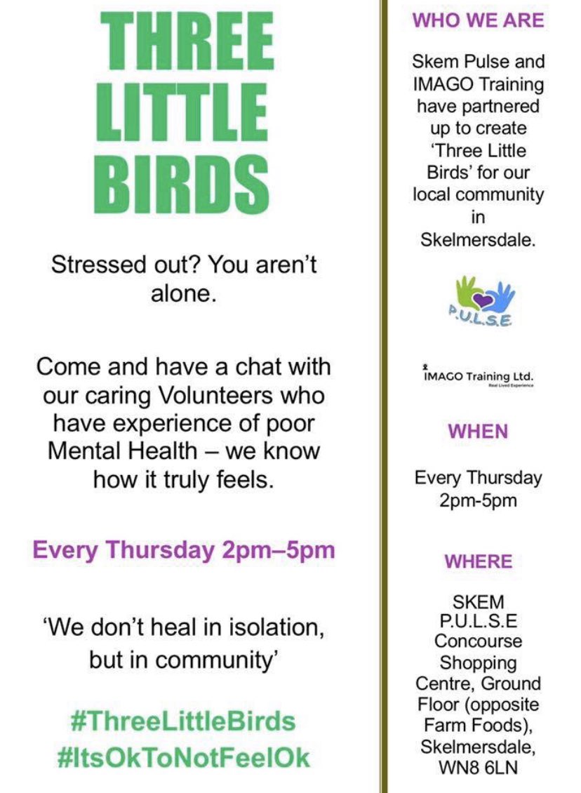 3LittleBirdsMH's tweet photo. At #ThreeLittleBirds we talk open &amp; honestly about our mental illness &amp; wellness. 

It’s a safe, non judgemental space where you can let your mask &amp; guard down...

Don’t forget, we’re opening earlier today, from 12.30pm &amp; it’s FREE to attend 💚

#Skelmersdale
#WestLancs https://t.co/TRRuNGhI6m