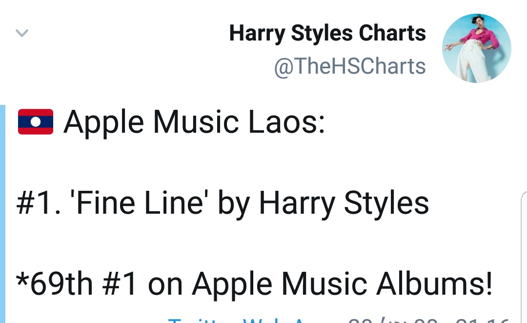 "Fine Line" has re entered top 5 on itunes USA. "Fine Line" is still #2 on Apple music WW album chart. In addition, Fine Line now achieved his 69th #1 on apple music. Overall it was #1 in 71 countries on itunes and 69 countries on apple music.