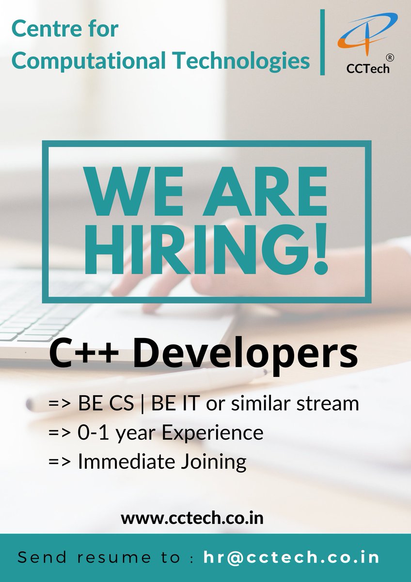 simulation_hub's tweet photo. @CCTech_India is offering excellent job opportunities for #CPP Developers.
Apply at: https://t.co/tIrv2Hcfob
or send resume to hr@cctech.co.in

#hiring #openings #jobs #developers #freshers #Opportunities https://t.co/mv9IhmQPNw