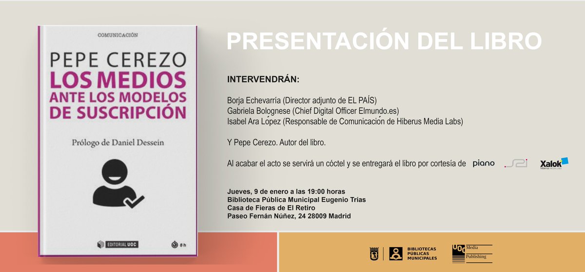 ¡¡Llegó el día¡¡ Hoy presentamos 'Los #medios ante los modelos de suscripción' con la participación de <a href="/borjaechevarria/">Borja Echevarría</a>, <a href="/gbologne/">Gabriela Bolognese</a> y @IsabelAraLopez 
🗓️ 9 de enero
⌚19:00 horas
📍Biblioteca Eugenio Trías,Casa de Fieras de El Retiro- Pso Fernán Núñez, 24. Madrid