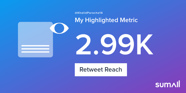 KhalidParacha14's tweet photo. My week on Twitter 🎉: 6 Likes, 6 Retweets, 2.99K Retweet Reach, 1 New Follower. See yours with https://t.co/qTWixX7OlT https://t.co/XiaIndlYTy