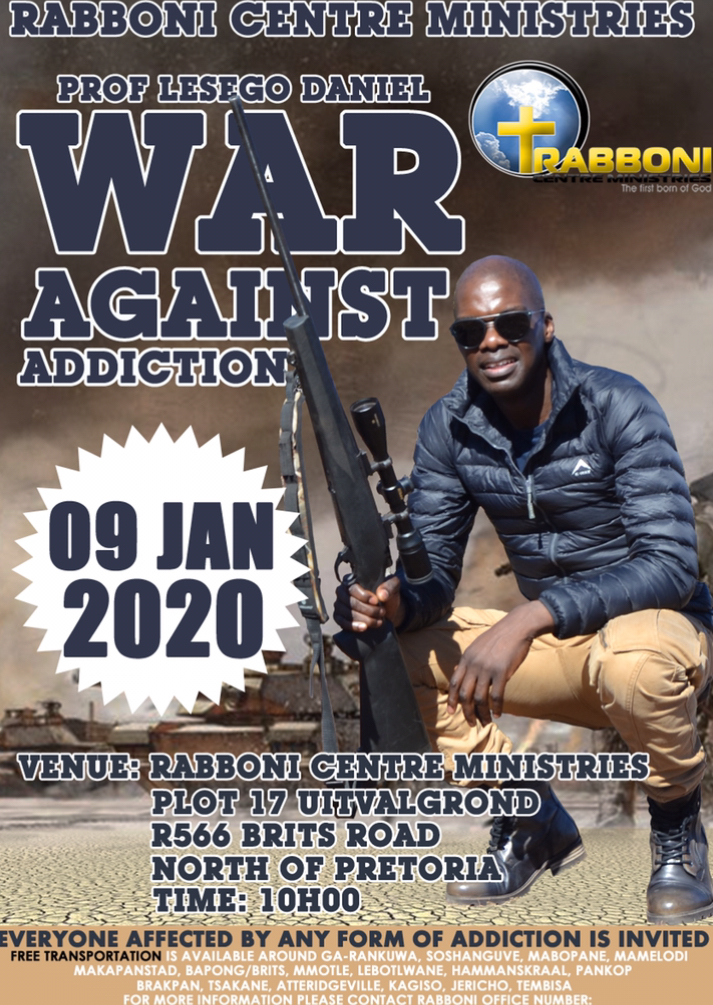 IAmLesegoDaniel's tweet photo. #ThursdayMotivation [WAR AGAINST ADDICTION SERVICE]: Join us today at Rabboni Centre Ministries, as our father in the Lord [@IAmLesegoDaniel] continues to take captive and demolishes the strongholds of any form of addiction. See You There! 
#AHealthyVineyard
#WarAgainstAddiction! https://t.co/xhwqrp7XKg