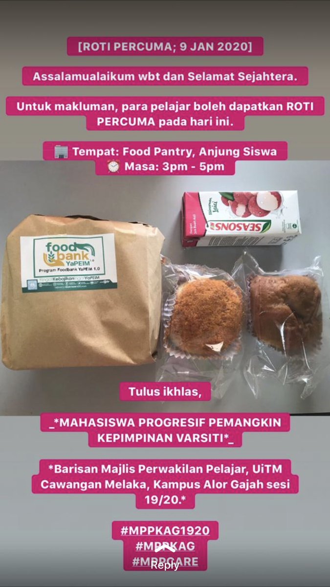 MPPUiTMKAG's tweet photo. Jom jom! Jangan lepaskan peluang untuk dapatkan roti percuma! Sehingga jam 5pm sahaja!

#MPPKAG1920
#MPPKAG
#MPPCARE https://t.co/5aExmTWscE