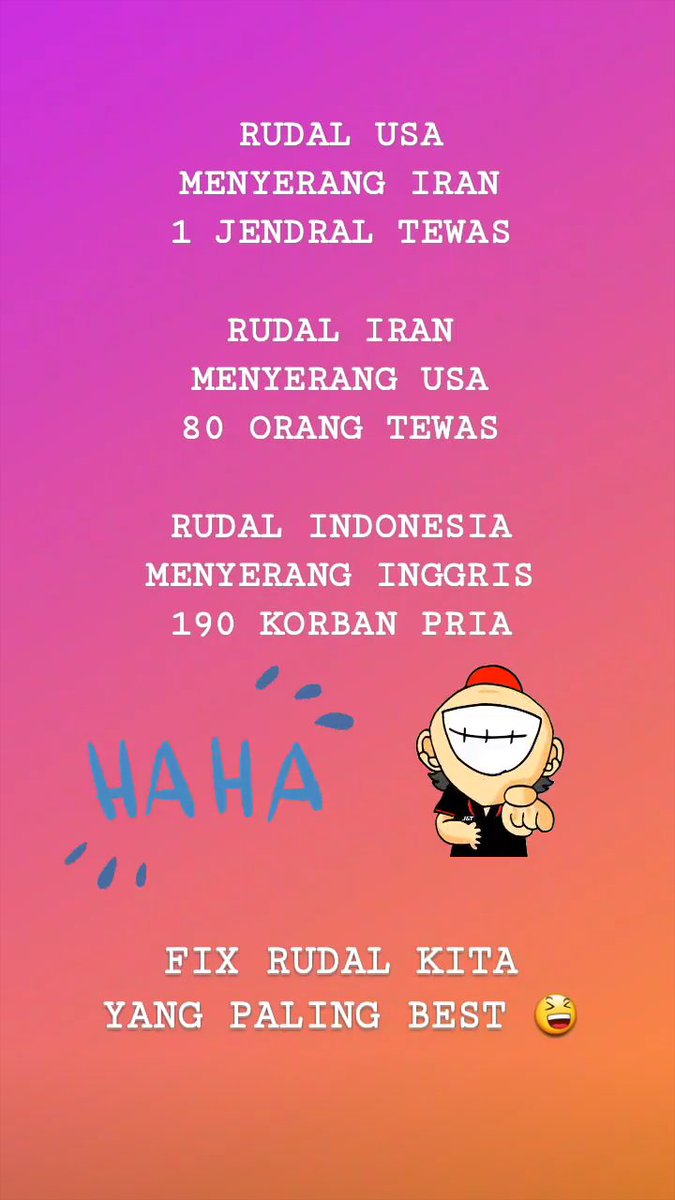 Wkwkwkwk
Fix Rudal Kita Paling Best 👍
Jadi jangan pernah takut lagi
Sama Rudal2 tetangga 😉
#IranVSAmerica