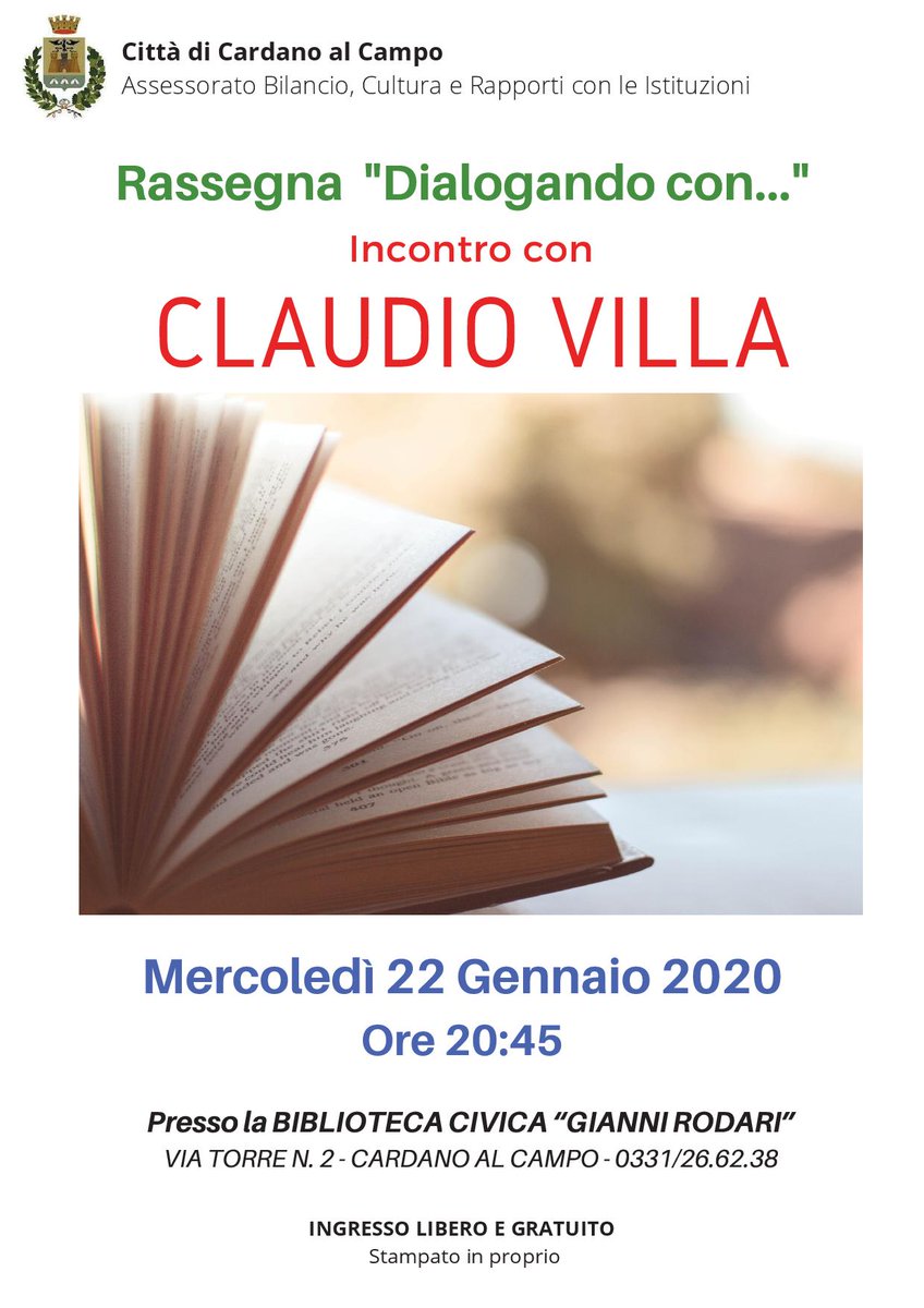 CardanoalCampo's tweet photo. Mercoledì 22 gennaio alle ore 20.45 presso la Biblioteca incontro con l'autore Claudio Villa. 
Ingresso libero e gratuito. https://t.co/0oRCWuWQDS