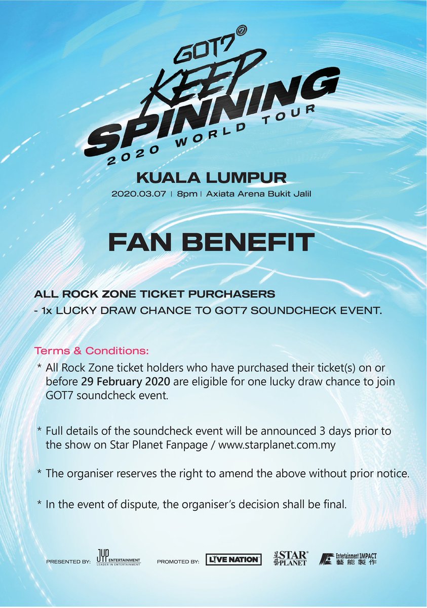 _hallyupop's tweet photo. GOT7 2020 WORLD TOUR 'KEEP SPINNING' IN KUALA LUMPUR 

Date: 7th March 2020 (Saturday)
Time: 8PM
Venue: Axiata Arena

Tickets will go on sales - 15th Jan 2020, 12PM 

Brought to you by; @StarPlanetMY 

#GOT7  #갓세븐 @GOT7Official #GOT7KeepSpinningInKL https://t.co/iQN0O1NOsr